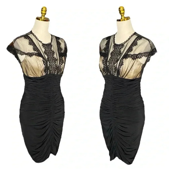 JESSICA McCLINTOCK | Y2K Black Mesh Lace Sheath Ruched Mini Dress Size 10 - Picture 3 of 10